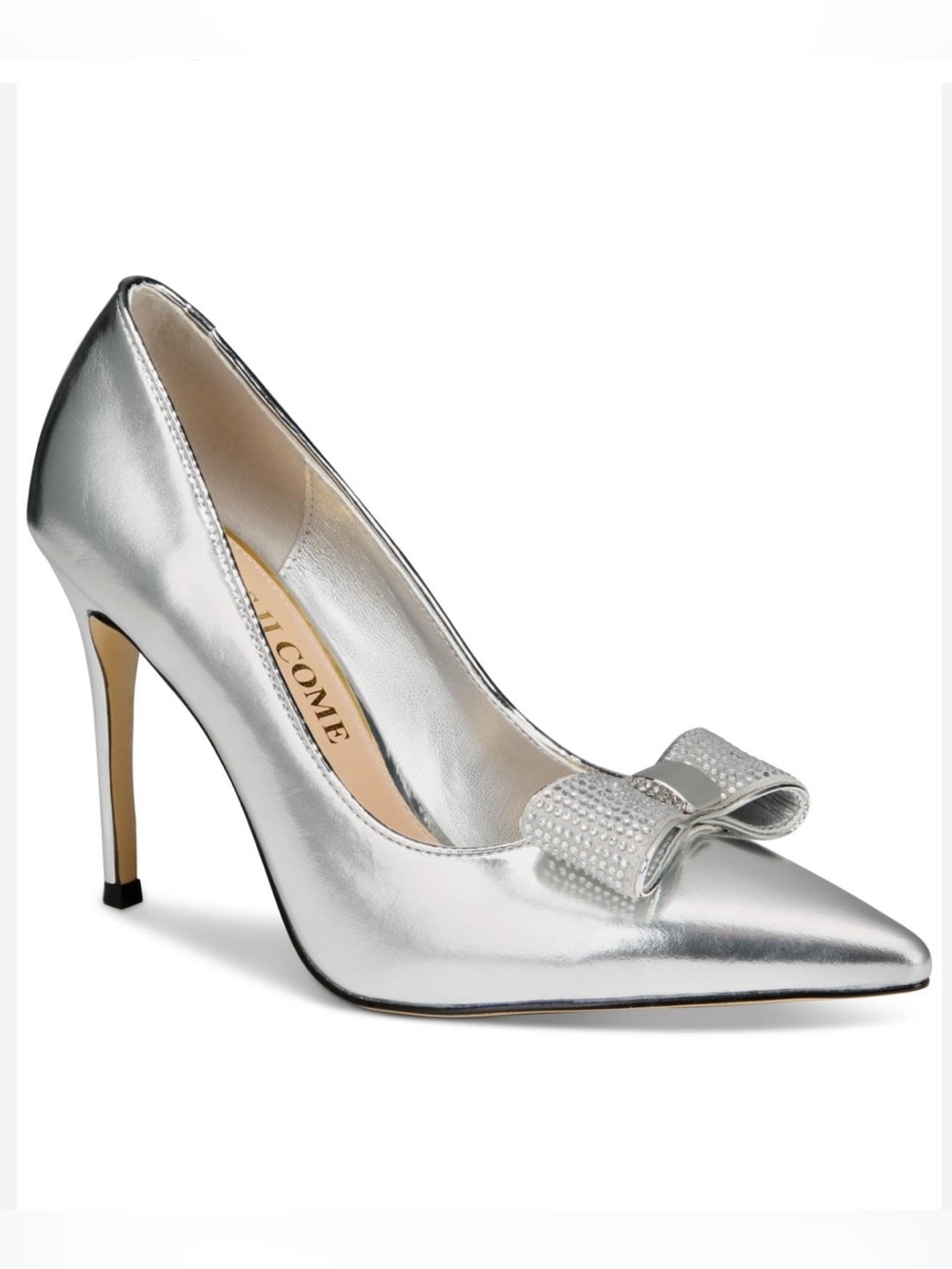 NWT Things II Come Soho Silver Metallic Crystal Bow Pumps Stiletto Heels 8.5